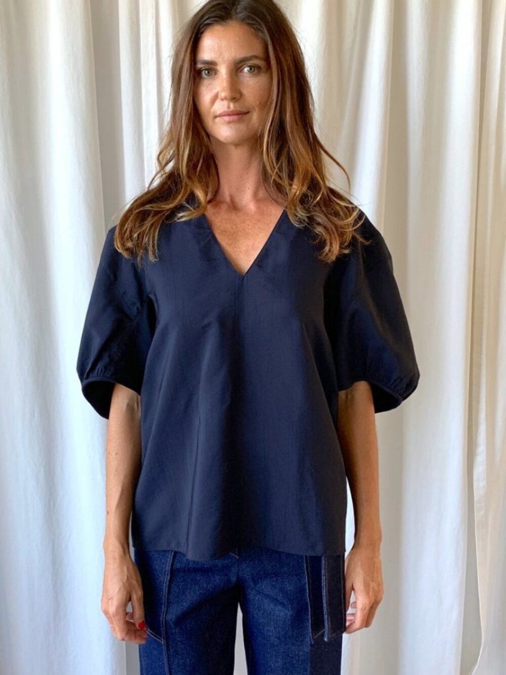 Tibi Dark Navy V-Neck Puff Sleeve Blouse - Sz 6